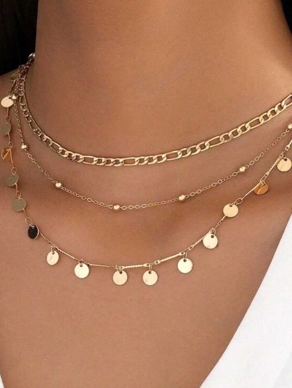 NEW! Minimalist Gold Layered Beads & Disc Charms Station Necklace -Women Jewelry